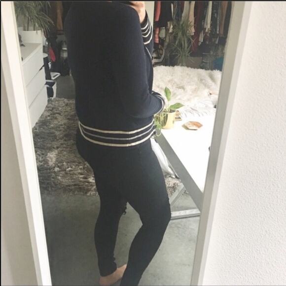 UO Silence Noise Navy Blue White Stripe School Girl Open Cardigan Sweater L - Picture 6 of 7